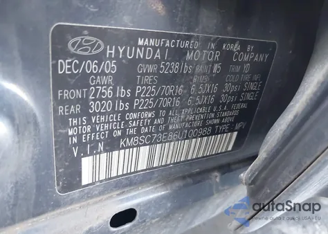 2006 Hyundai Santa Fe Gls/Limited z USA, uszkodzony, nr VIN KM8SC73E86U100988